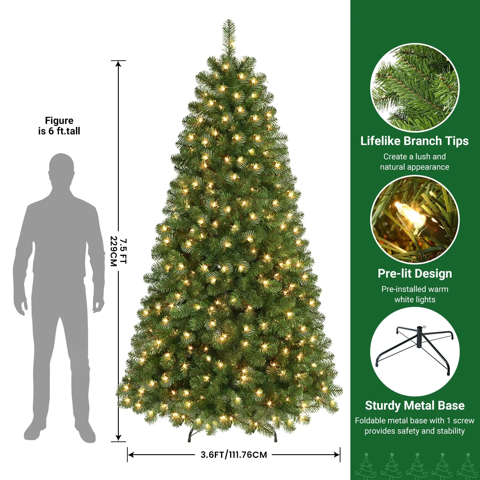 7.5ft Prelit 350 Warm White Lights 998 Branch Premium Artificial Hinged Christmas Tree-Green