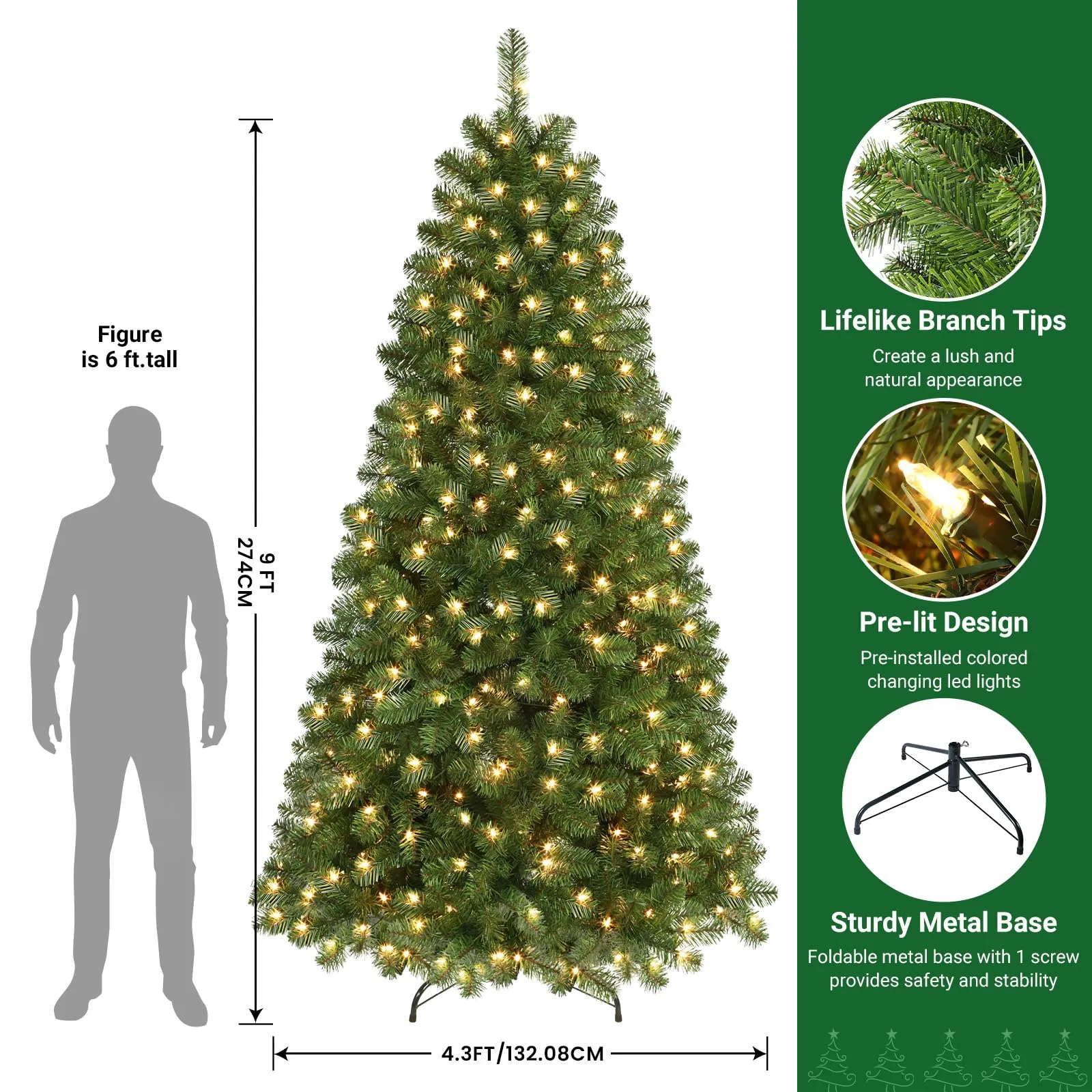 9ft Prelit Premium Artificial Hinged Christmas Tree with Warm White Lights