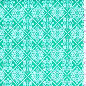 Aquamarine/White Medallion Diamond Rayon Crepe Fabric