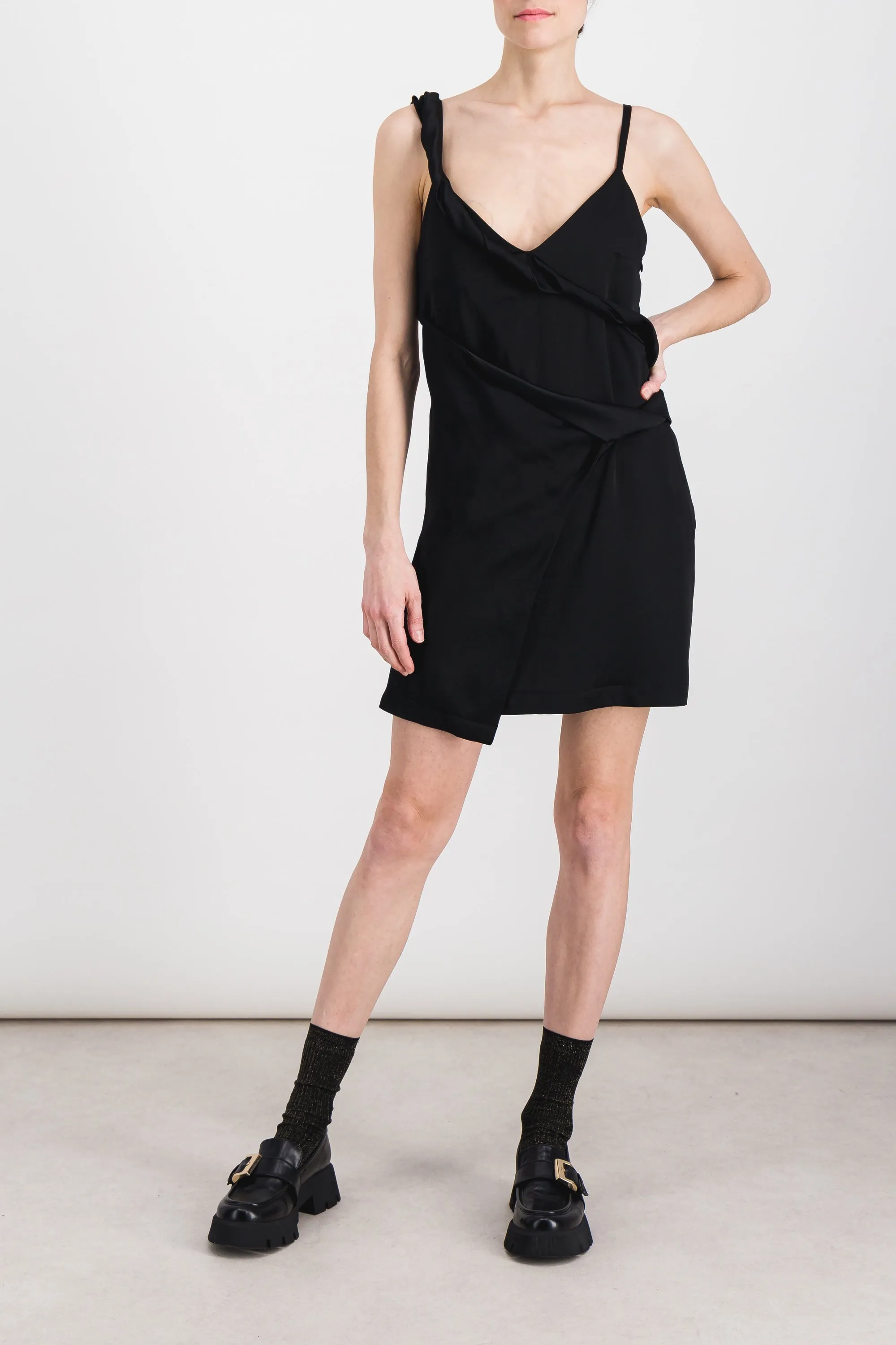 Asymmetric straps draped crêpe satin mini dress