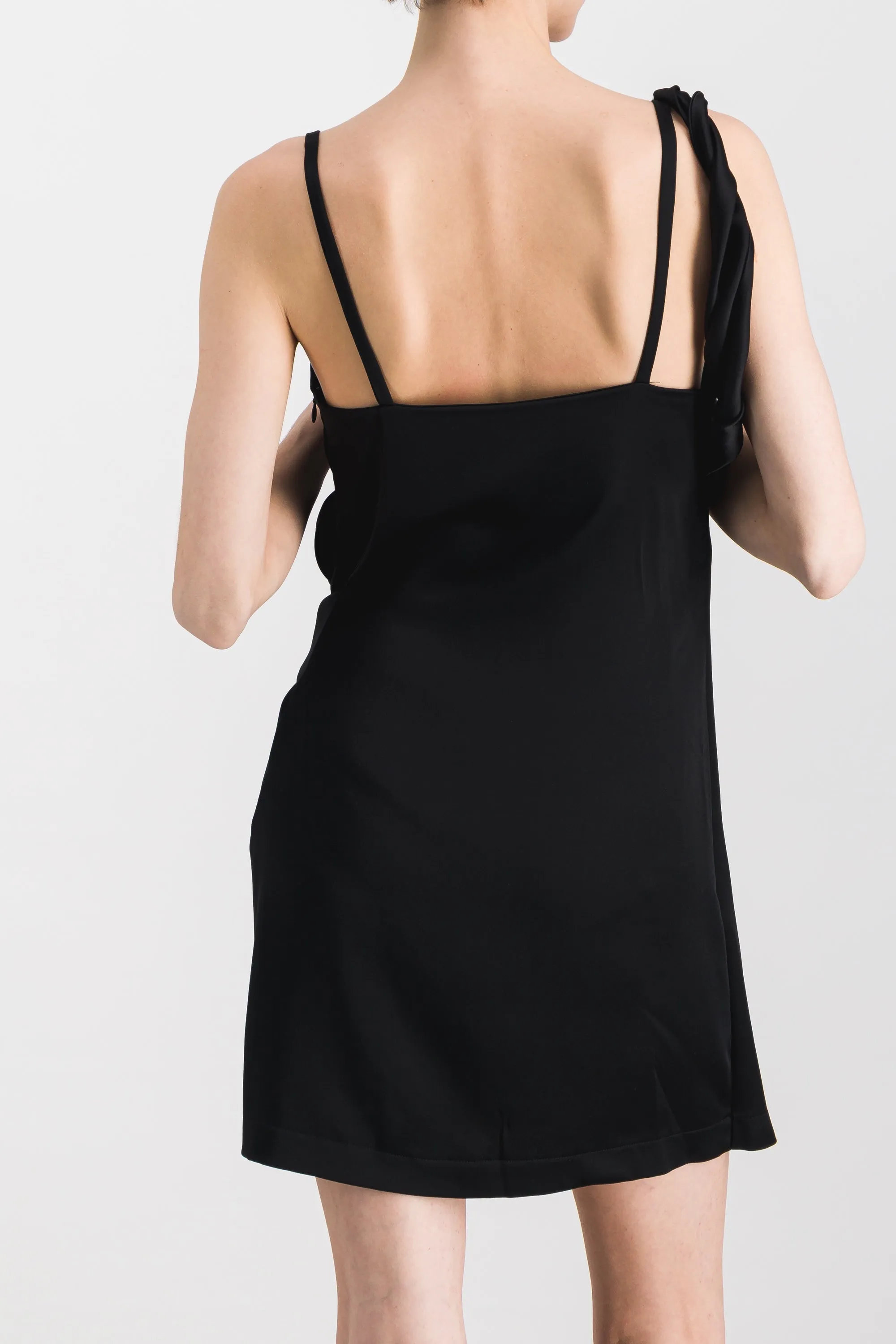 Asymmetric straps draped crêpe satin mini dress