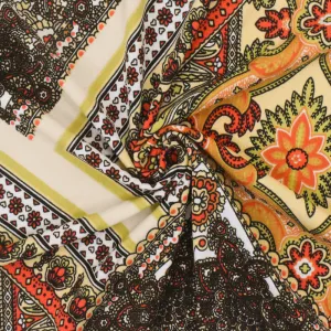 Beige-Orange-Multi Bandana Printed Stretch Poly ITY Knit Fabric