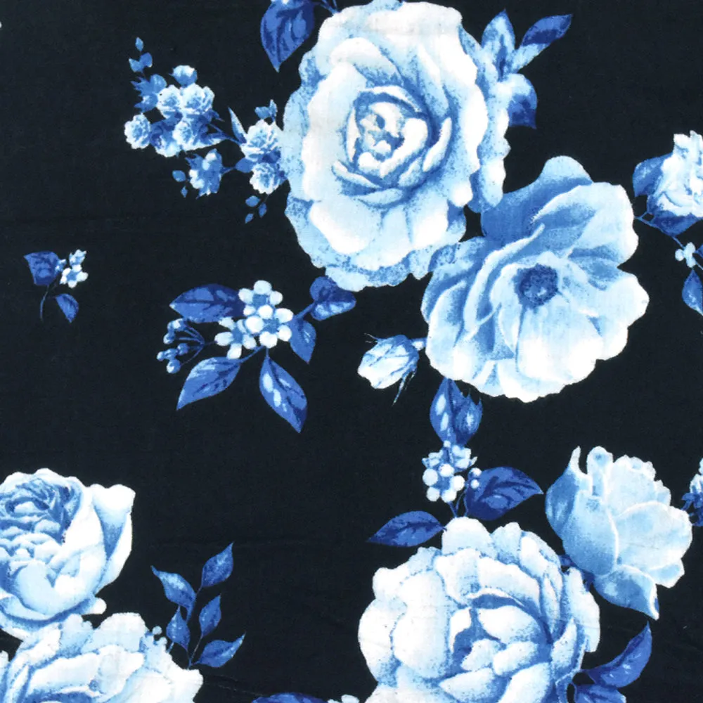 Bell Blue-Black-Multi Floral Printed Rayon Stretch Jersey Knit Fabric