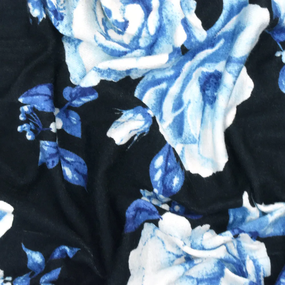 Bell Blue-Black-Multi Floral Printed Rayon Stretch Jersey Knit Fabric