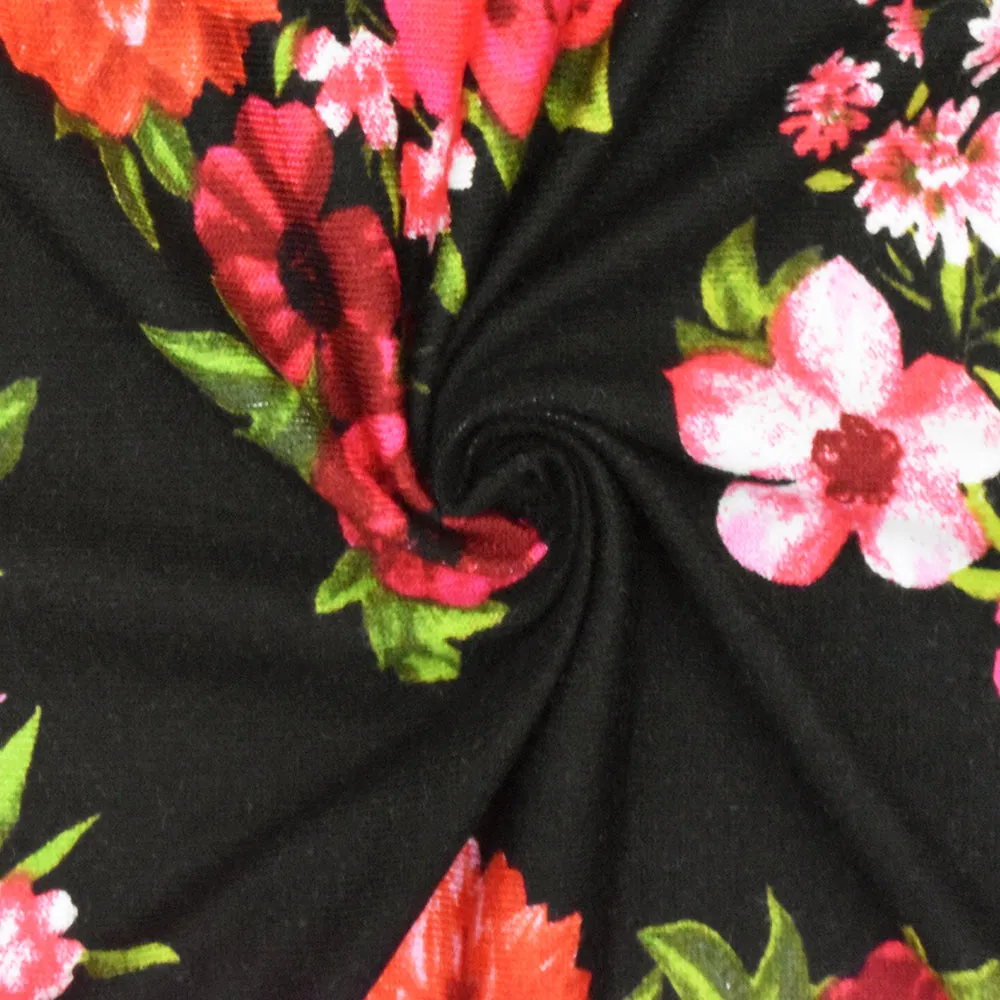 Black-Hot Pink-Multi Floral Printed Rayon Stretch Jersey Knit Fabric