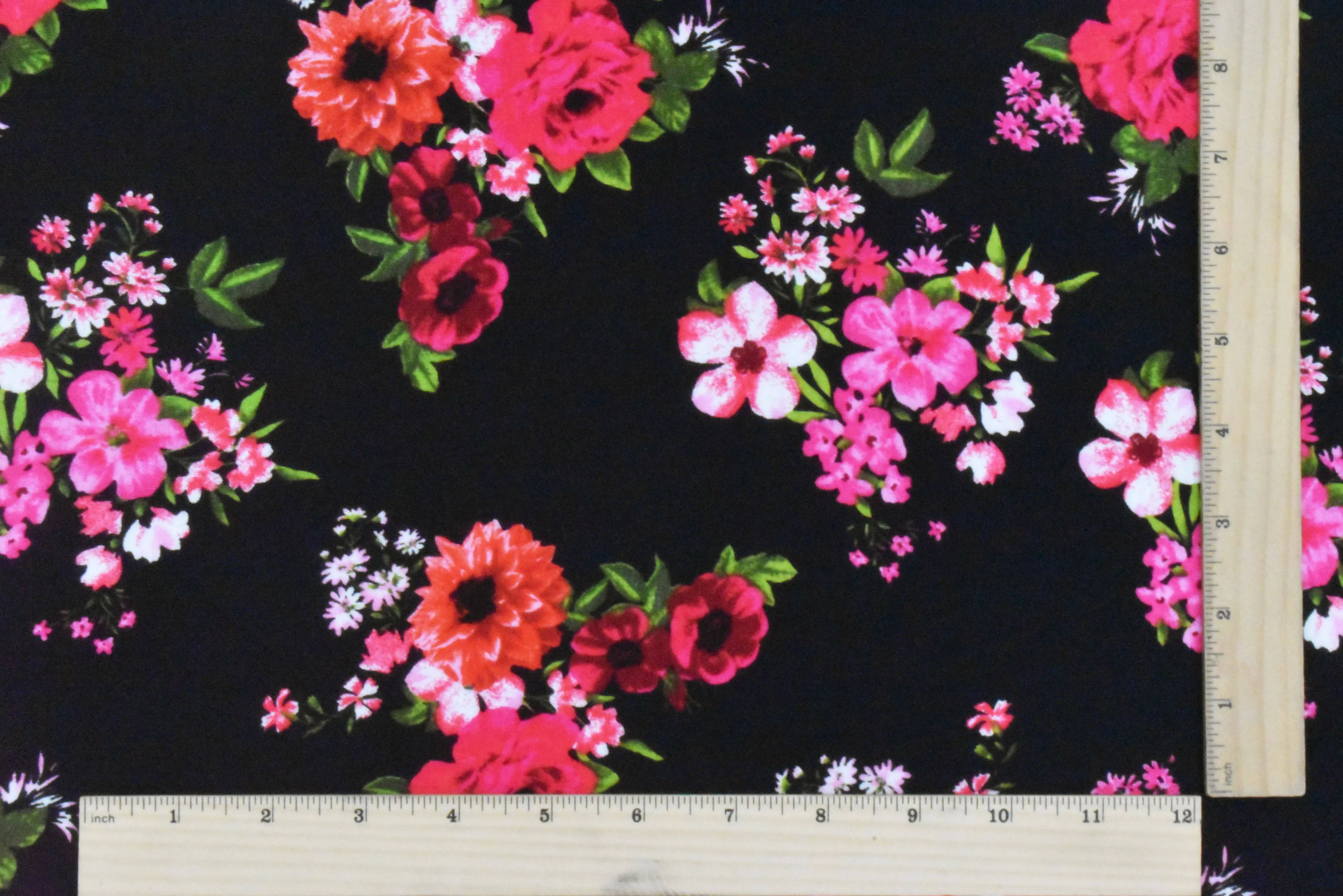 Black-Hot Pink-Multi Floral Printed Rayon Stretch Jersey Knit Fabric