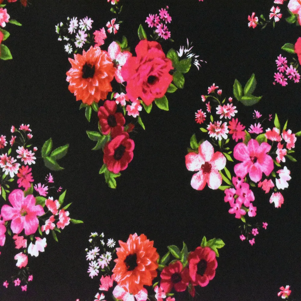 Black-Hot Pink-Multi Floral Printed Rayon Stretch Jersey Knit Fabric