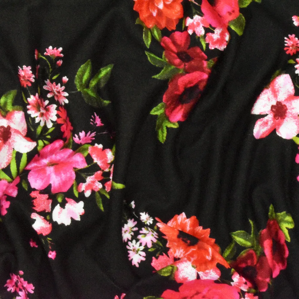 Black-Hot Pink-Multi Floral Printed Rayon Stretch Jersey Knit Fabric