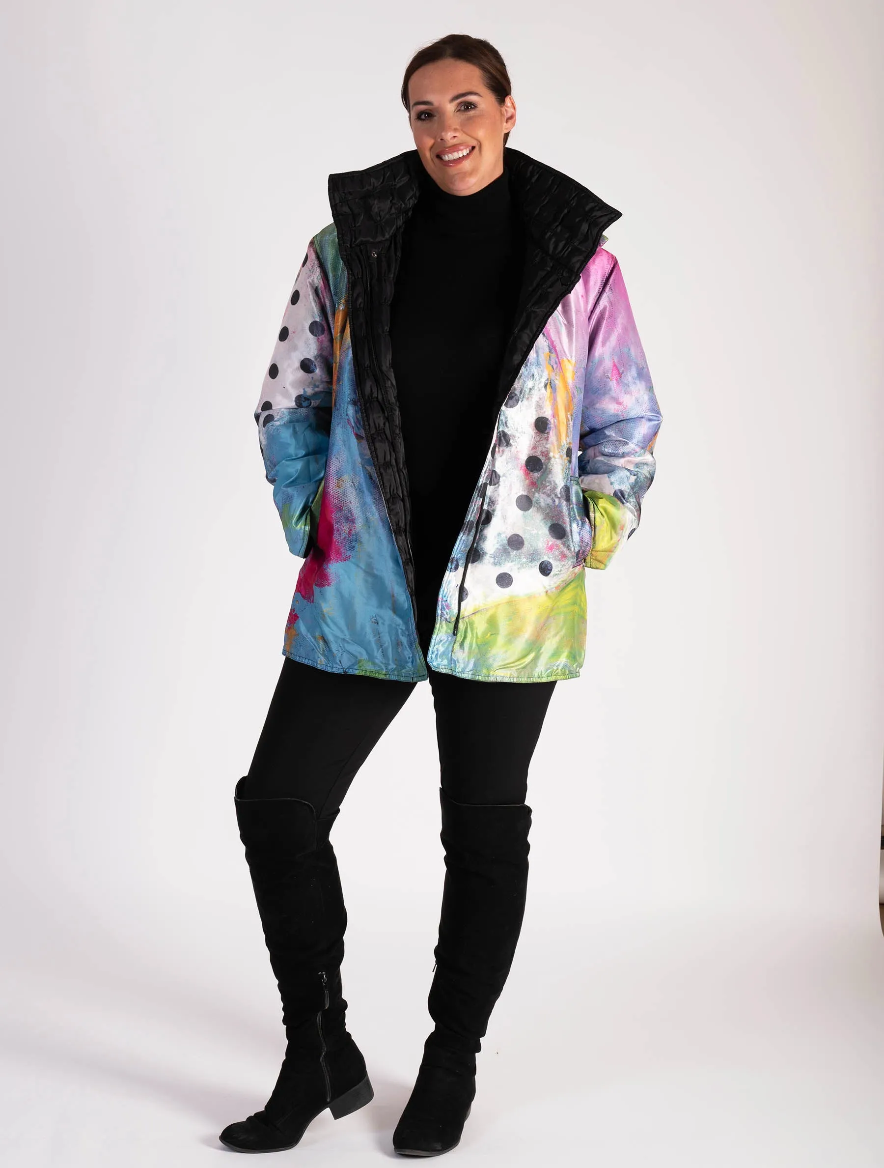 Black/Abstract Spot Print Zip Front Quilted Reversible Jacket