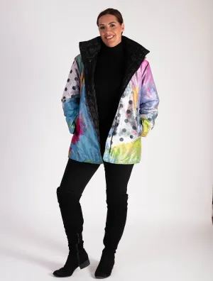 Black/Abstract Spot Print Zip Front Quilted Reversible Jacket