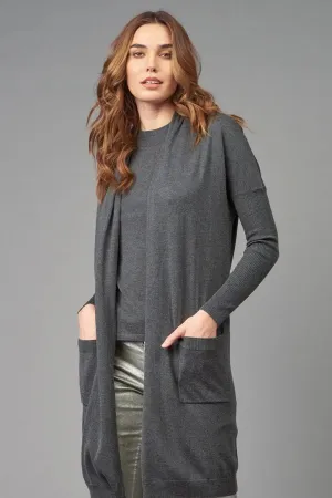 Cashmere/Silk Drop Shoulder Long Open Cardigan in Charcoal