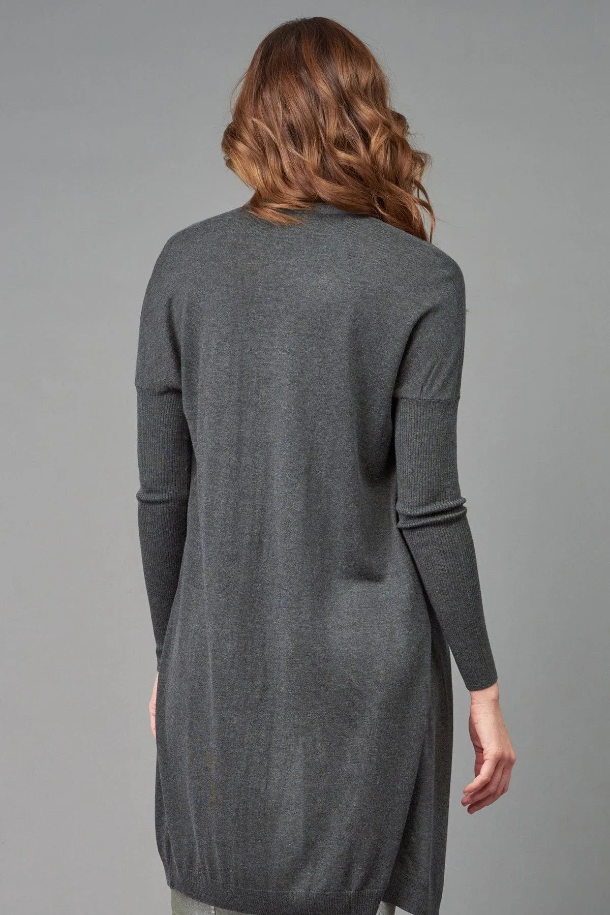 Cashmere/Silk Drop Shoulder Long Open Cardigan in Charcoal