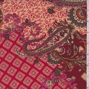 Cranberry/Beige Stylized Paisley Crepe Georgette Fabric