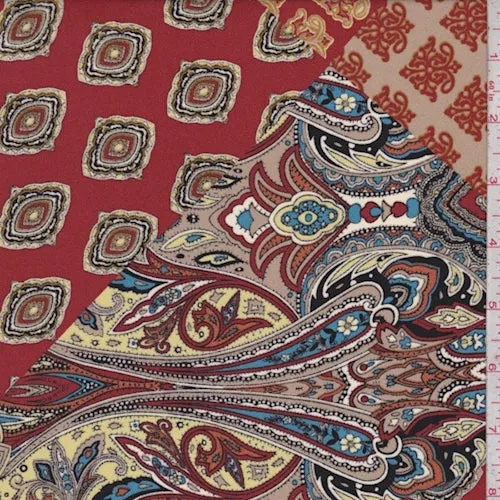 Dark Beige/Red Stylized Paisley Crepe Georgette Fabric