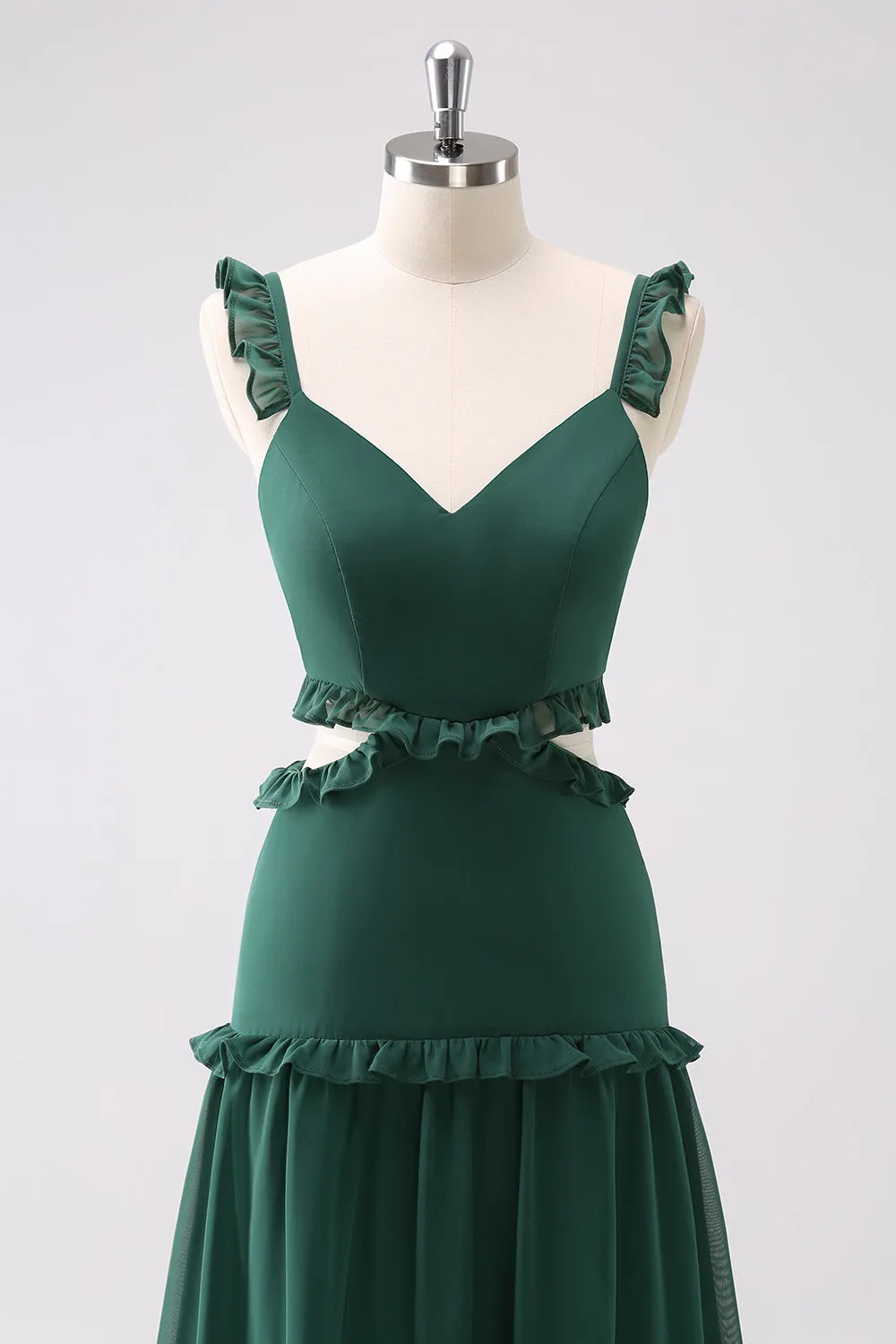 Dark Green A Line Hollow Out Ruffled Maxi Bridesmaid Dress