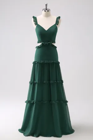 Dark Green A Line Hollow Out Ruffled Maxi Bridesmaid Dress