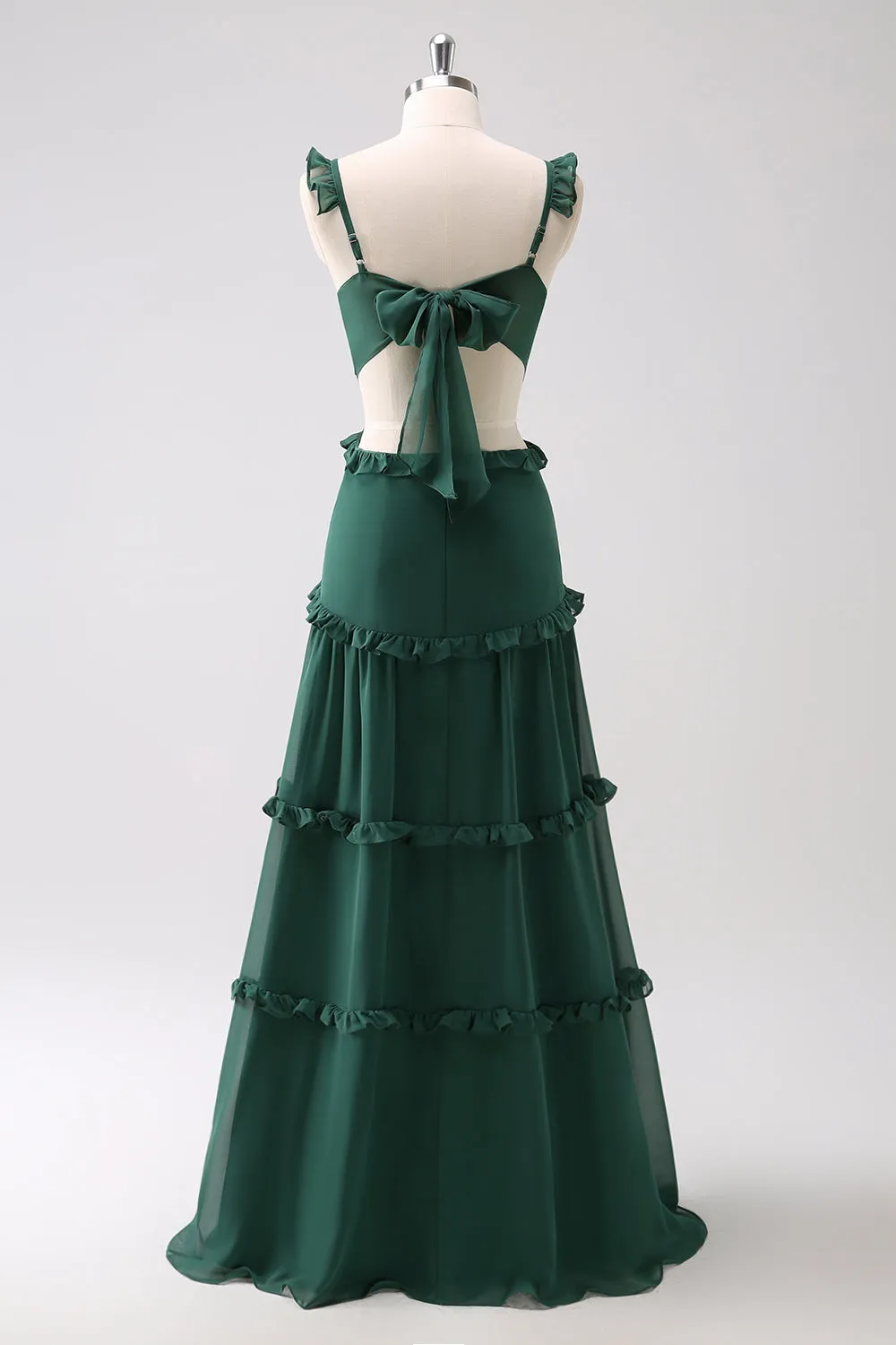 Dark Green A Line Hollow Out Ruffled Maxi Bridesmaid Dress