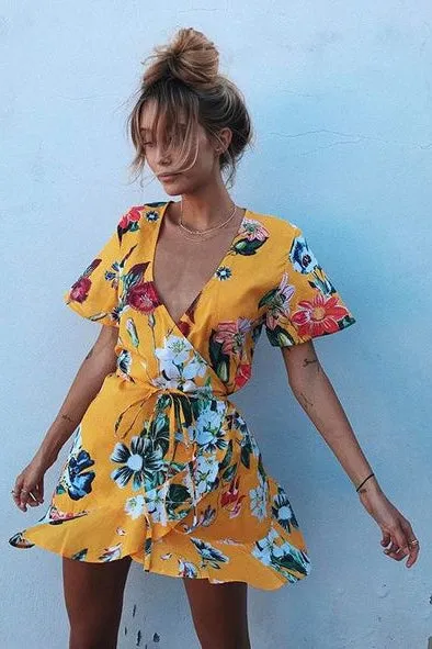 Deep V-neck Floral Print Short Sleeves Short Dress