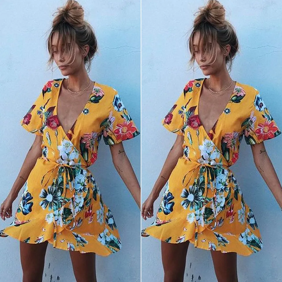 Deep V-neck Floral Print Short Sleeves Short Dress