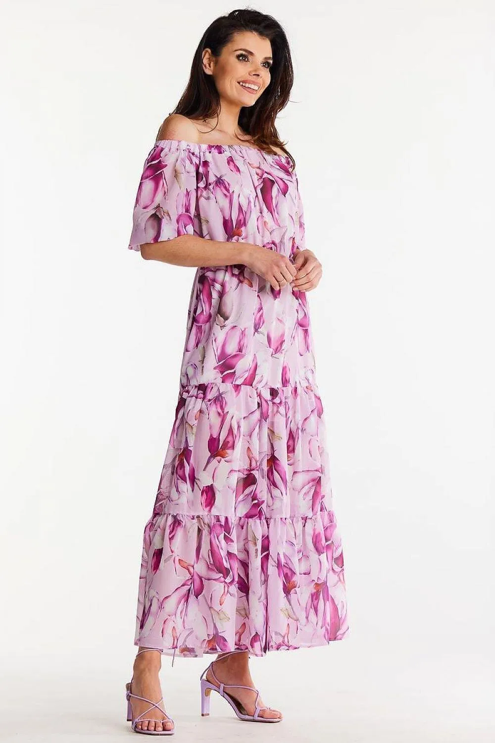 Elegant Flutter Sleeve Chiffon Maxi Dress with Elastic Waistband