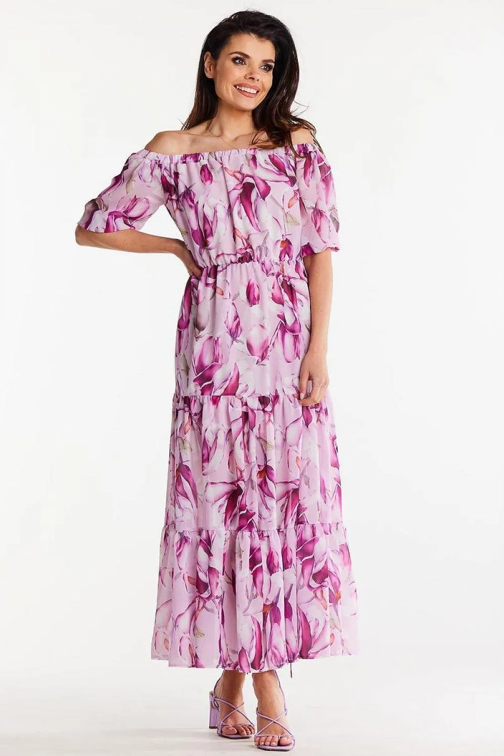 Elegant Flutter Sleeve Chiffon Maxi Dress with Elastic Waistband