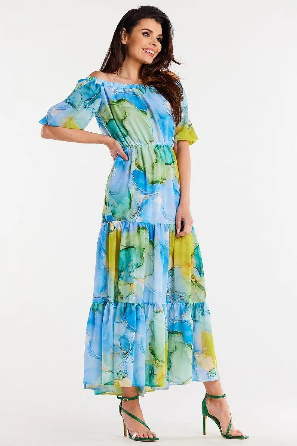 Elegant Flutter Sleeve Chiffon Maxi Dress with Elastic Waistband