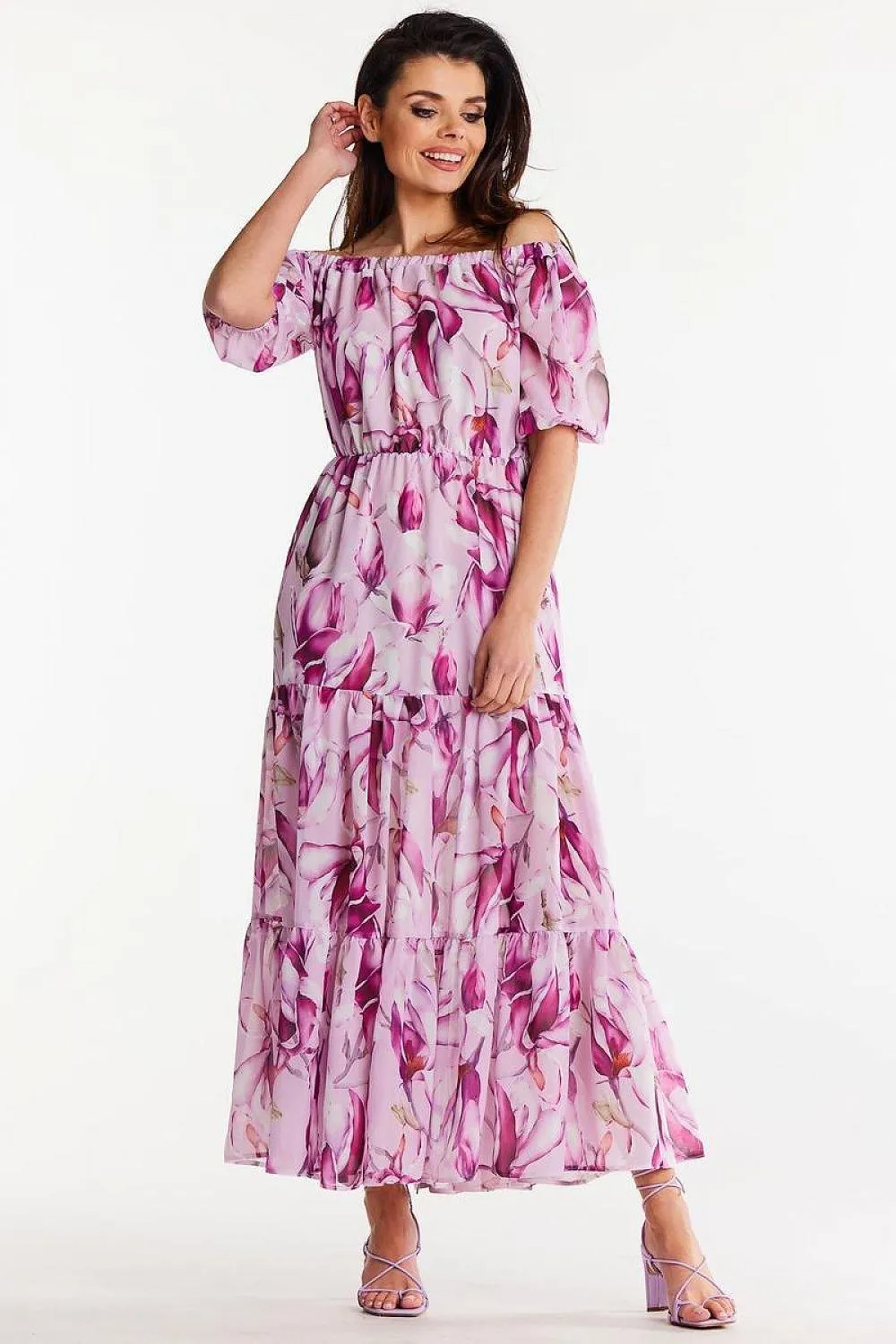 Elegant Flutter Sleeve Chiffon Maxi Dress with Elastic Waistband