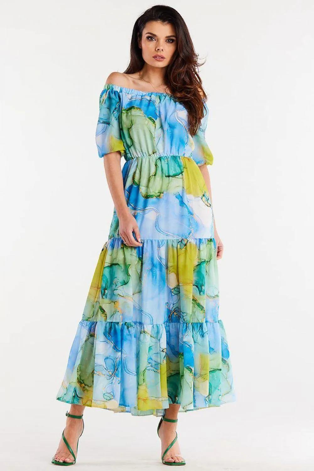 Elegant Flutter Sleeve Chiffon Maxi Dress with Elastic Waistband