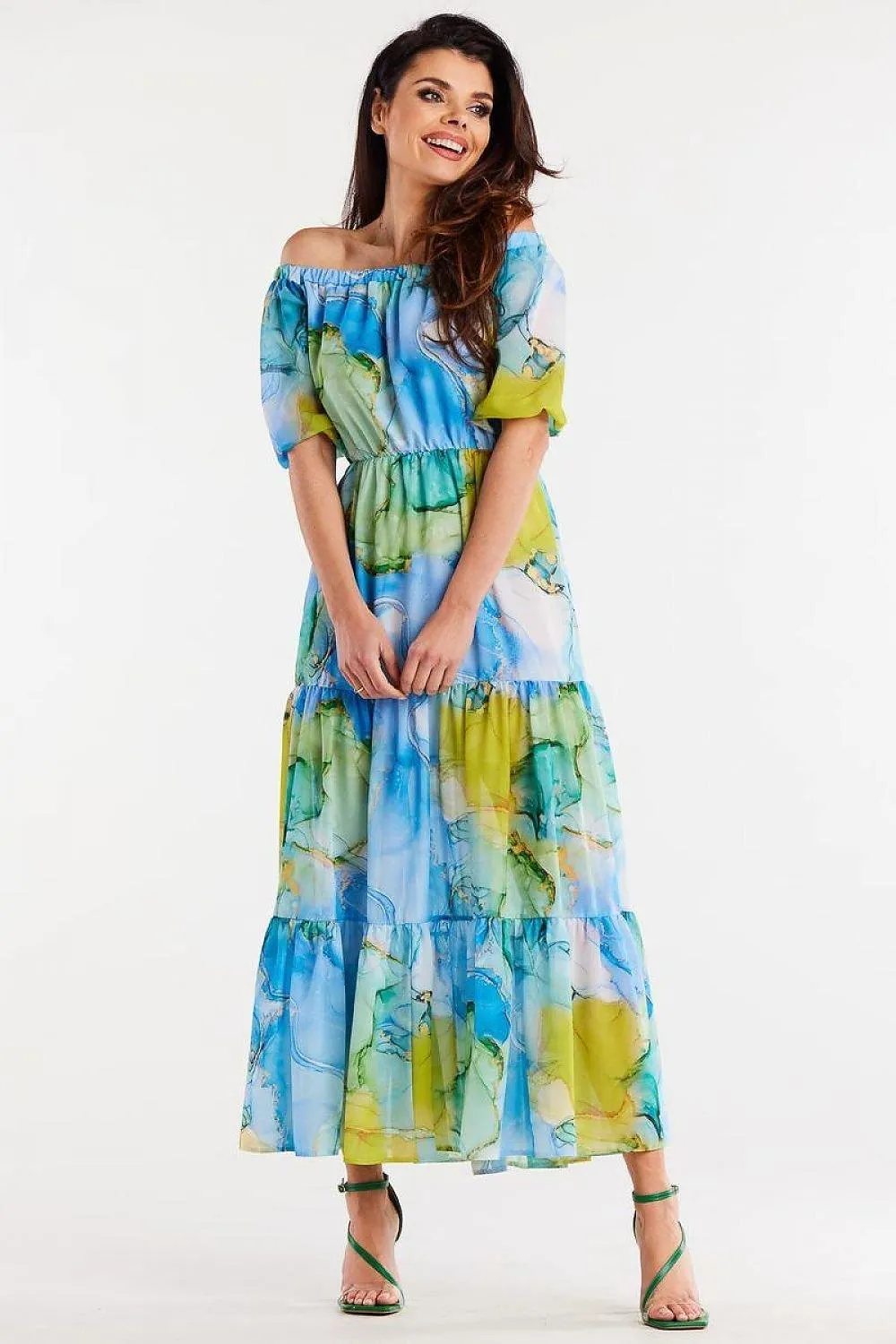 Elegant Flutter Sleeve Chiffon Maxi Dress with Elastic Waistband