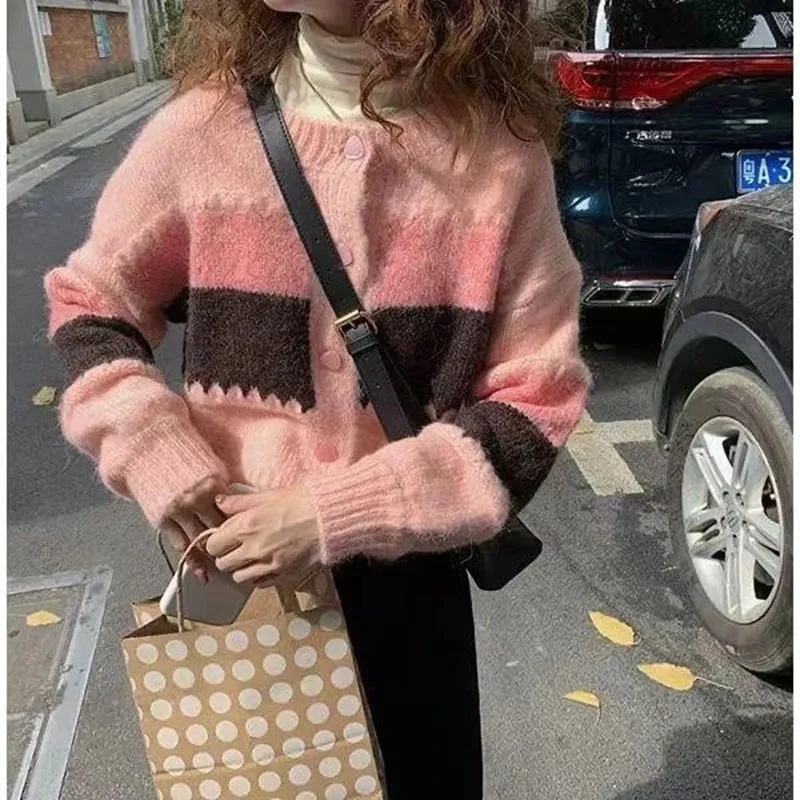 Flytonn-Sweet Aesthetic Cute Pink Knitted Cardigan Jacket Long Sleeve Patchwork Jumper Coat Women Korean Fall Winter Fairycore Sweaters