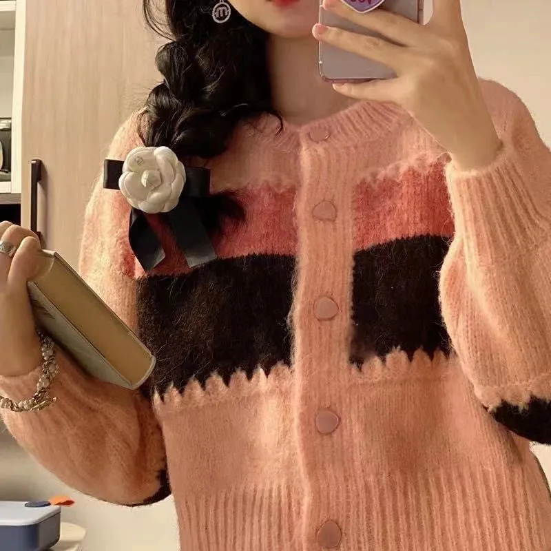 Flytonn-Sweet Aesthetic Cute Pink Knitted Cardigan Jacket Long Sleeve Patchwork Jumper Coat Women Korean Fall Winter Fairycore Sweaters