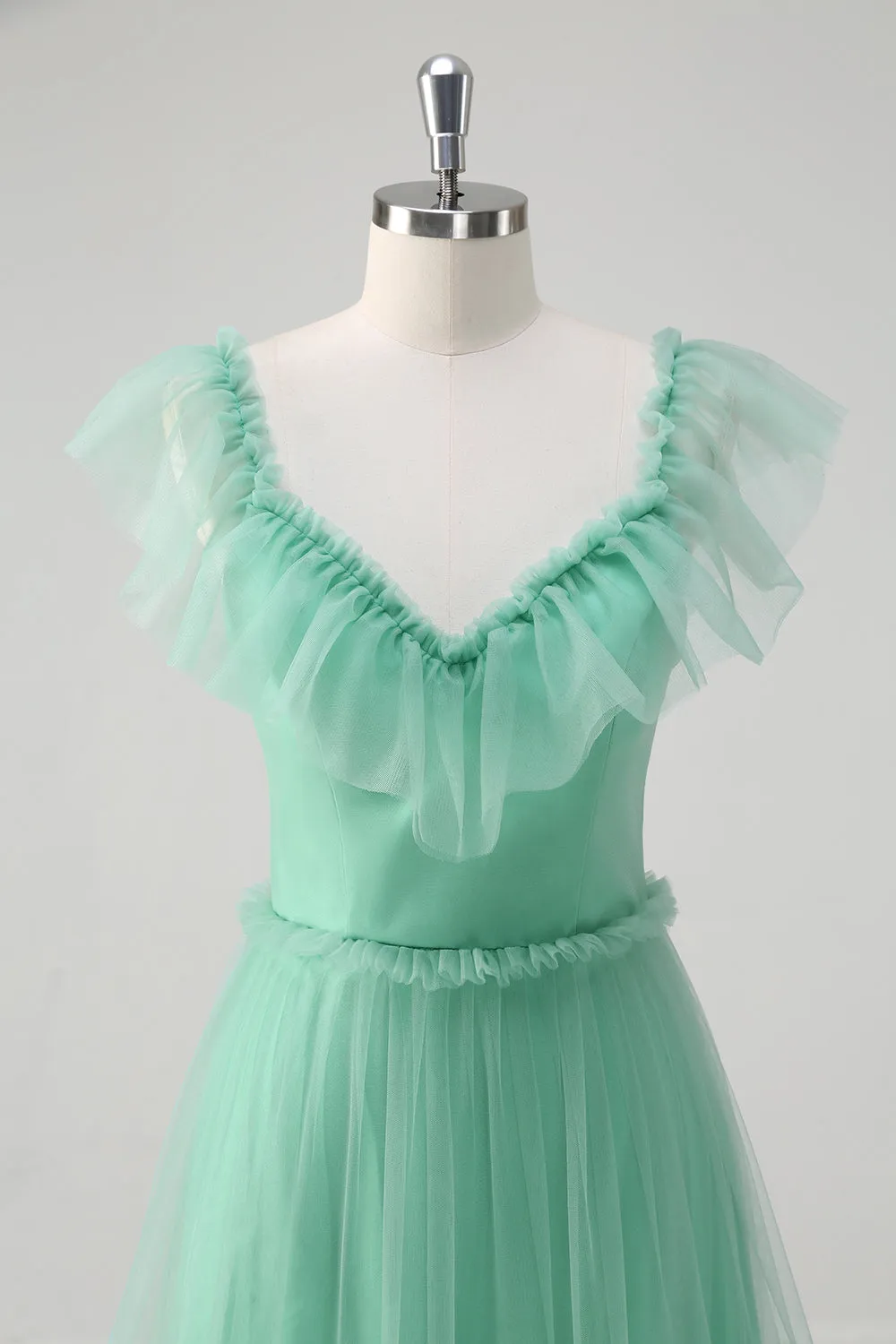 Green A Line Tulle Hollow Out Back Prom Dress