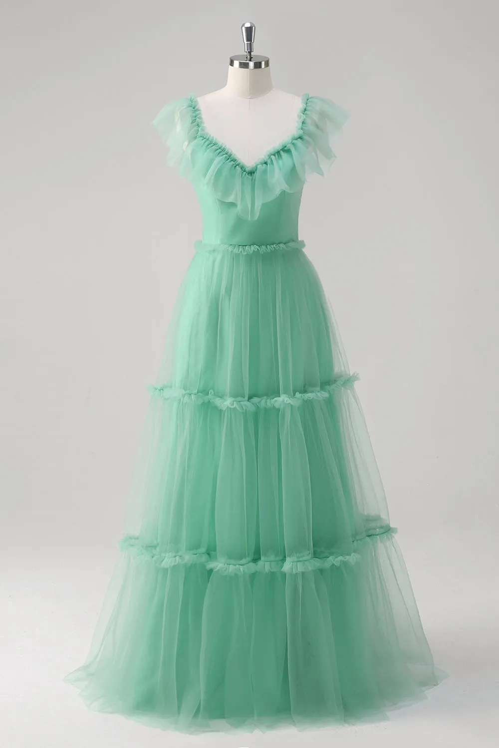 Green A Line Tulle Hollow Out Back Prom Dress