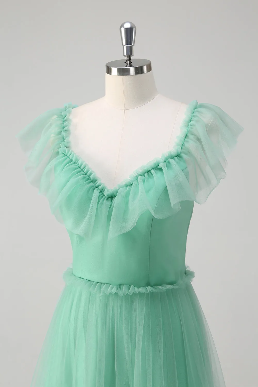 Green A Line Tulle Hollow Out Back Prom Dress