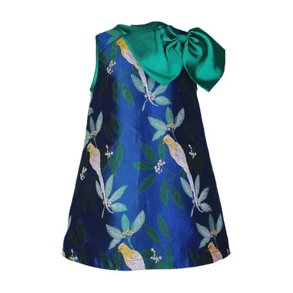 GREEN AND BLUE SLEEVELESS A-LINE DRESS WITH EXAGGERATED SHOULDER BOW