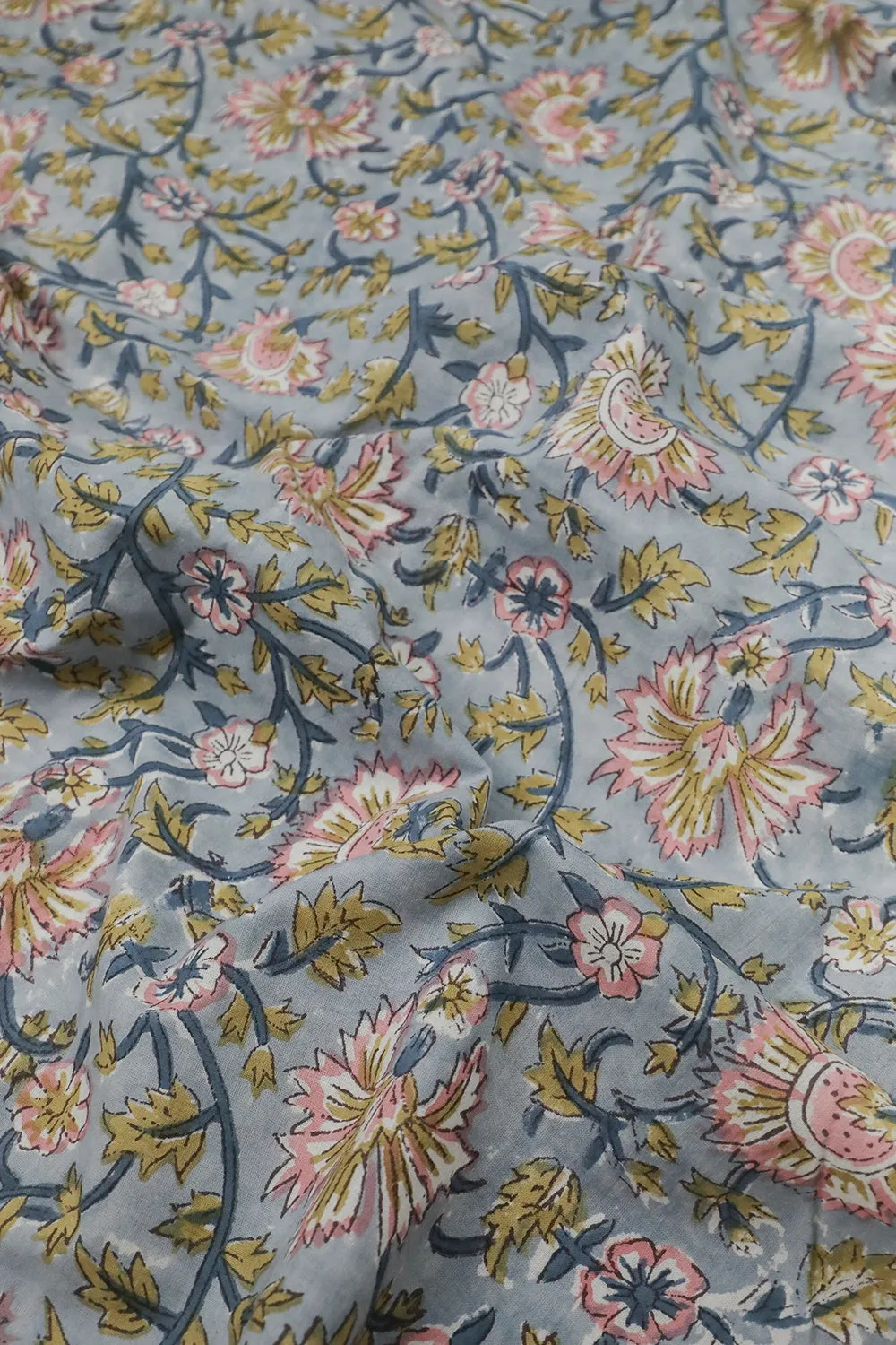 Grey Floral Sanganeri Cotton Fabric