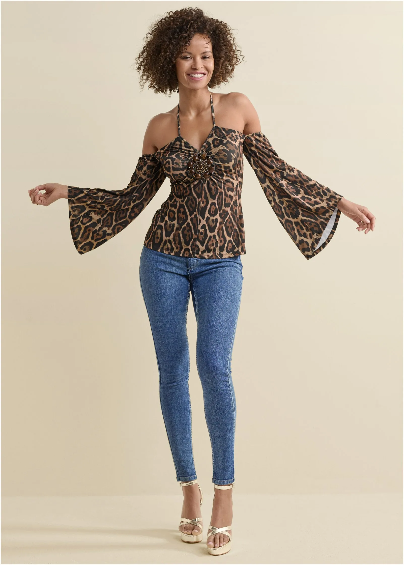 Halter Tie Animal Print Top - Brown & Black