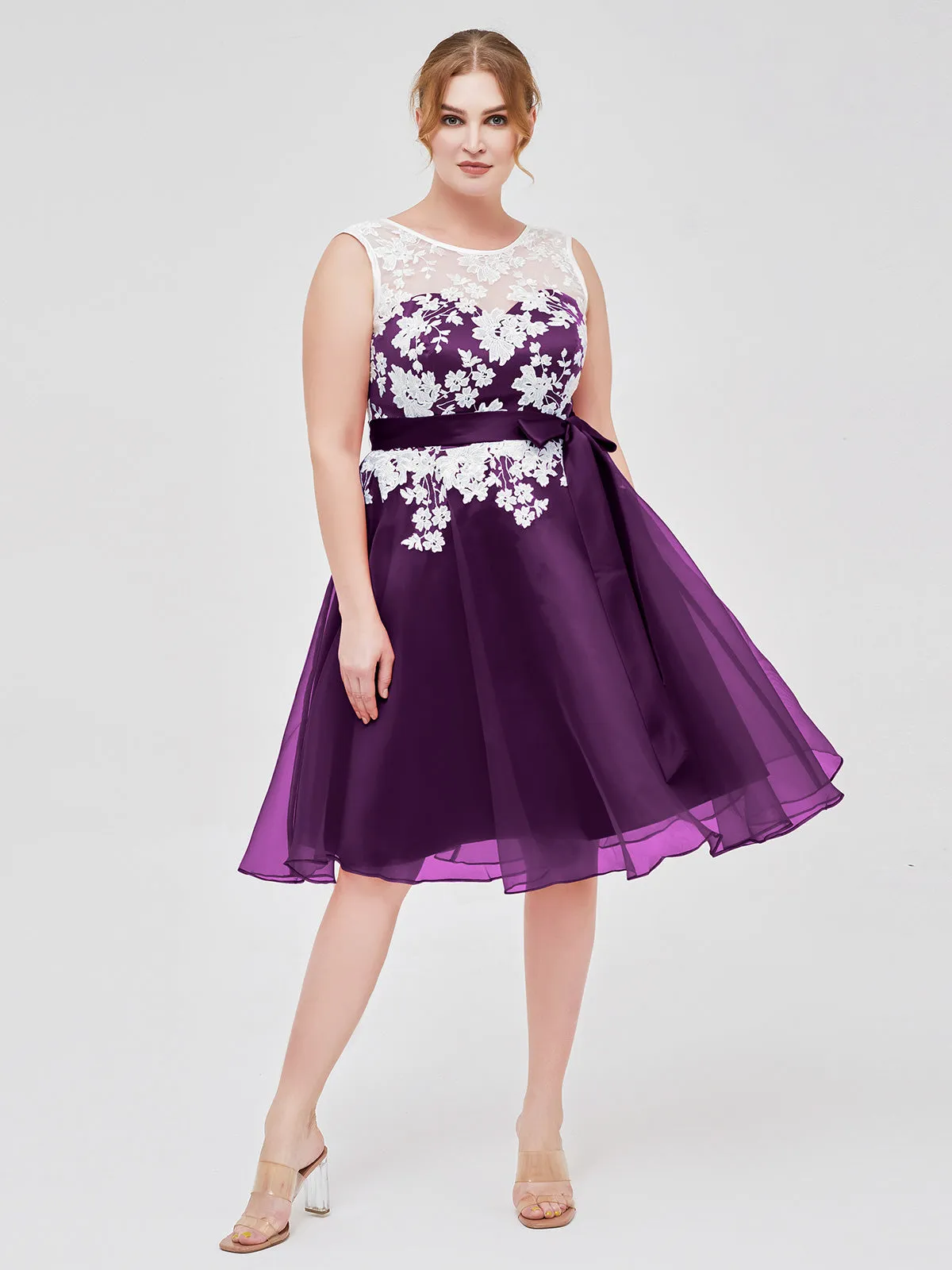 Illusion Neck Organza with Ivory Lace Appliqued Grape Plus Size