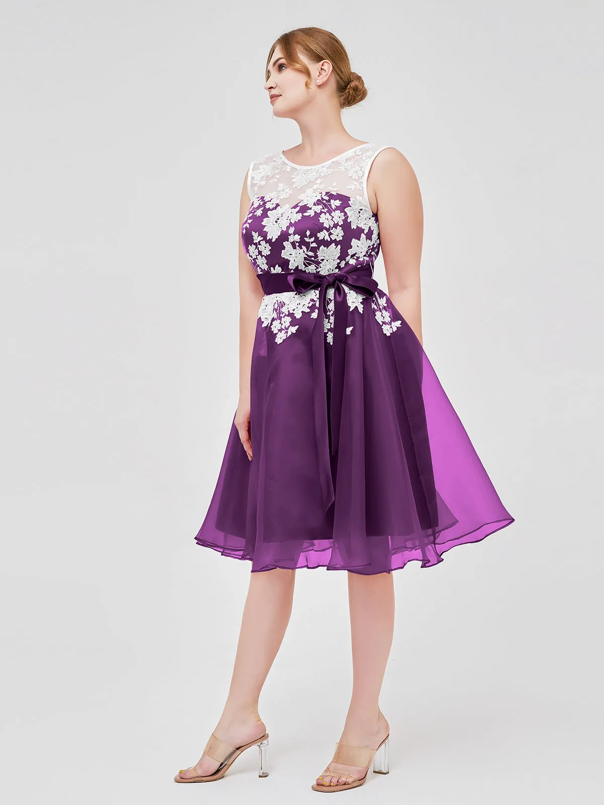 Illusion Neck Organza with Ivory Lace Appliqued Grape Plus Size