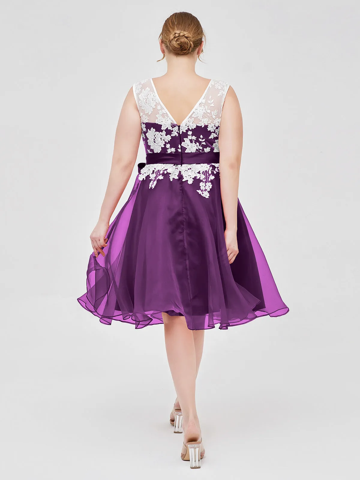 Illusion Neck Organza with Ivory Lace Appliqued Grape Plus Size