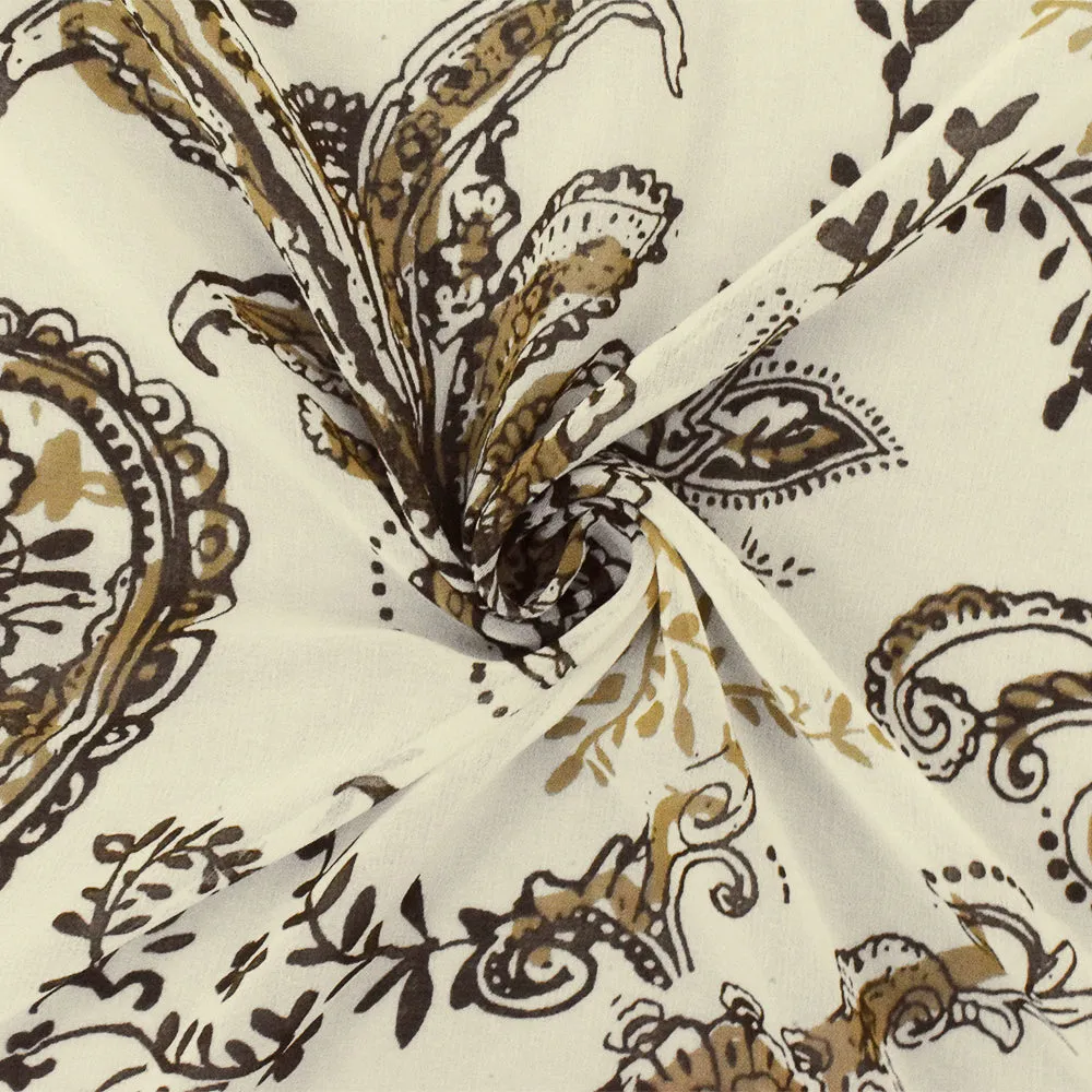 Ivory-Brown-Beige Paisley Printed Poly Chiffon Woven Fabric