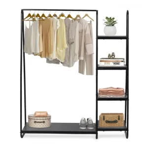 KriShyam® Metal Garment Rack with 4-Tier Wood Shelves and Hanging Rod - Freestanding Open Wardrobe Closet Clothing Storage Organizer for Bedroom, Hallway, Living Room