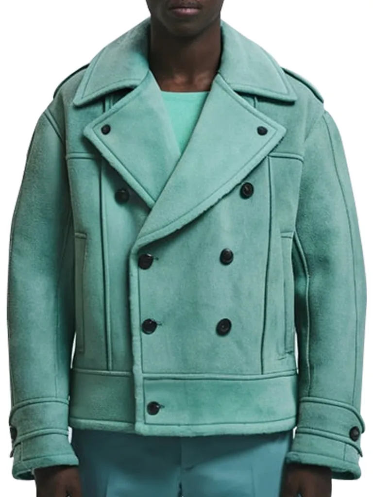 Men’s Mint Green Double-Breasted Suede Jacket