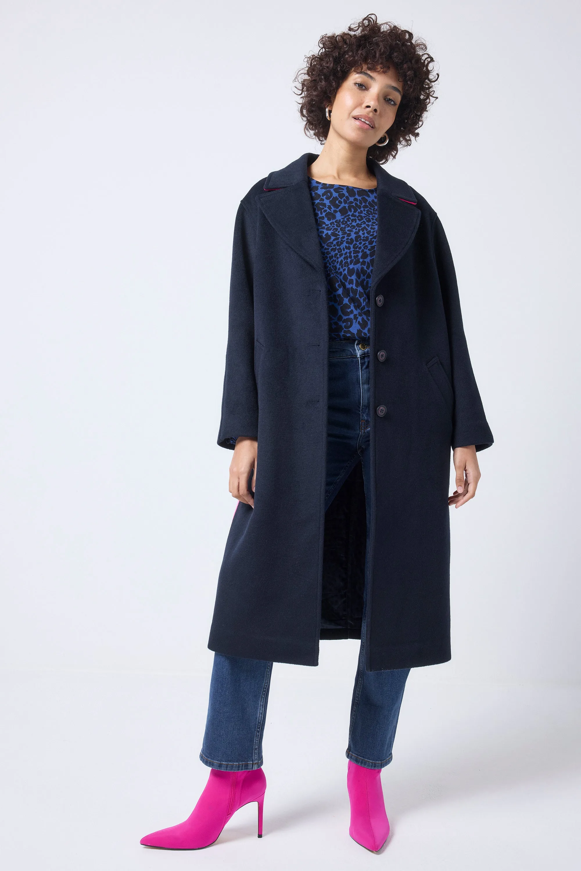 Navy with Neon Pink Wool Blend Coat