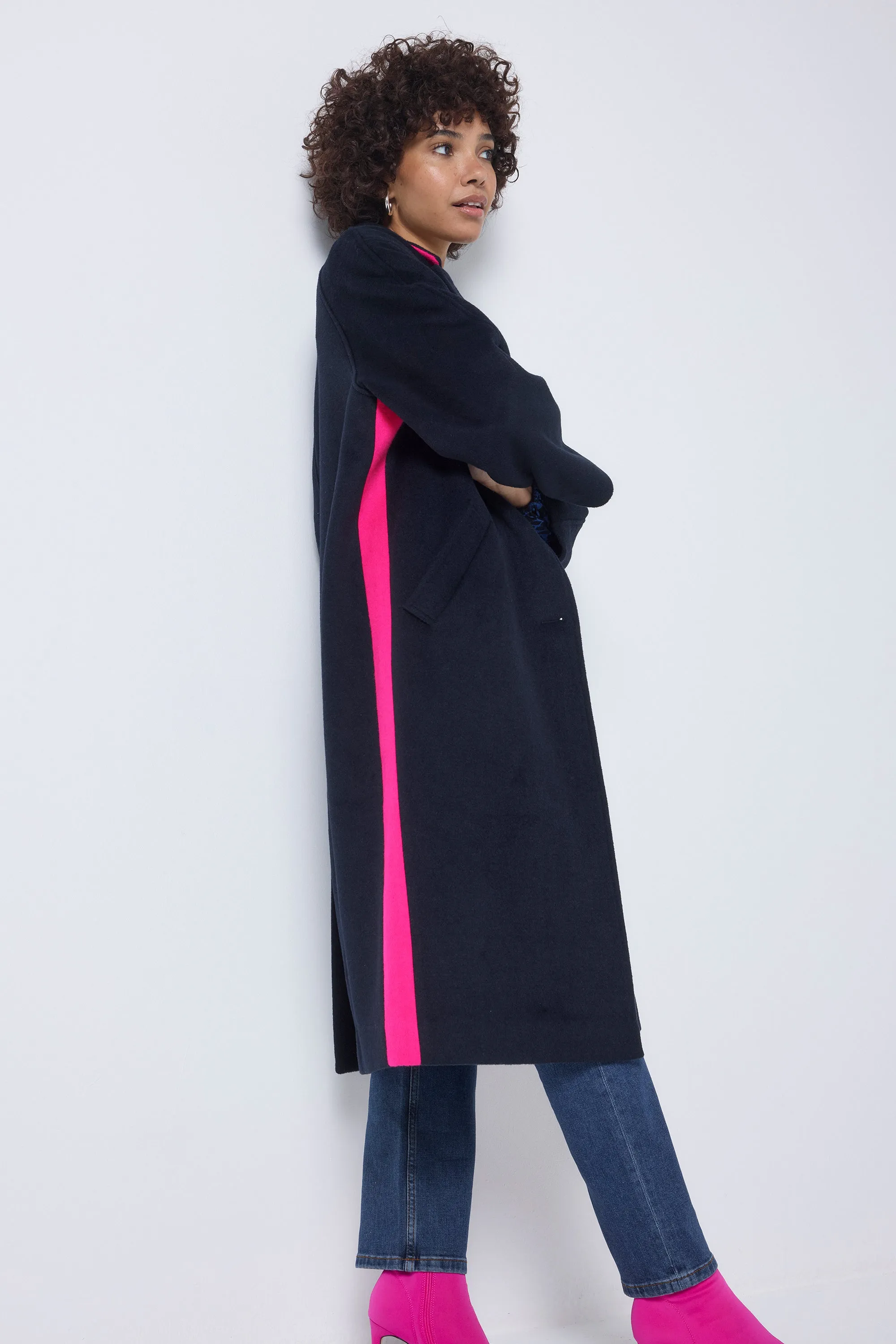 Navy with Neon Pink Wool Blend Coat