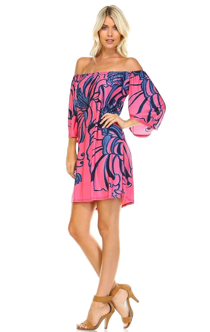 Off Shoulder Tunic Dress Navy Flowers on Coral Pink