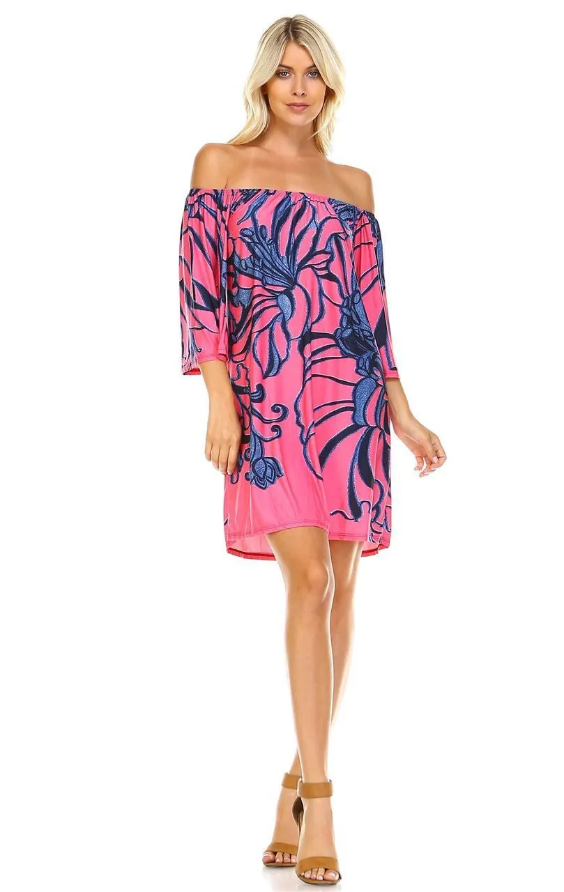 Off Shoulder Tunic Dress Navy Flowers on Coral Pink