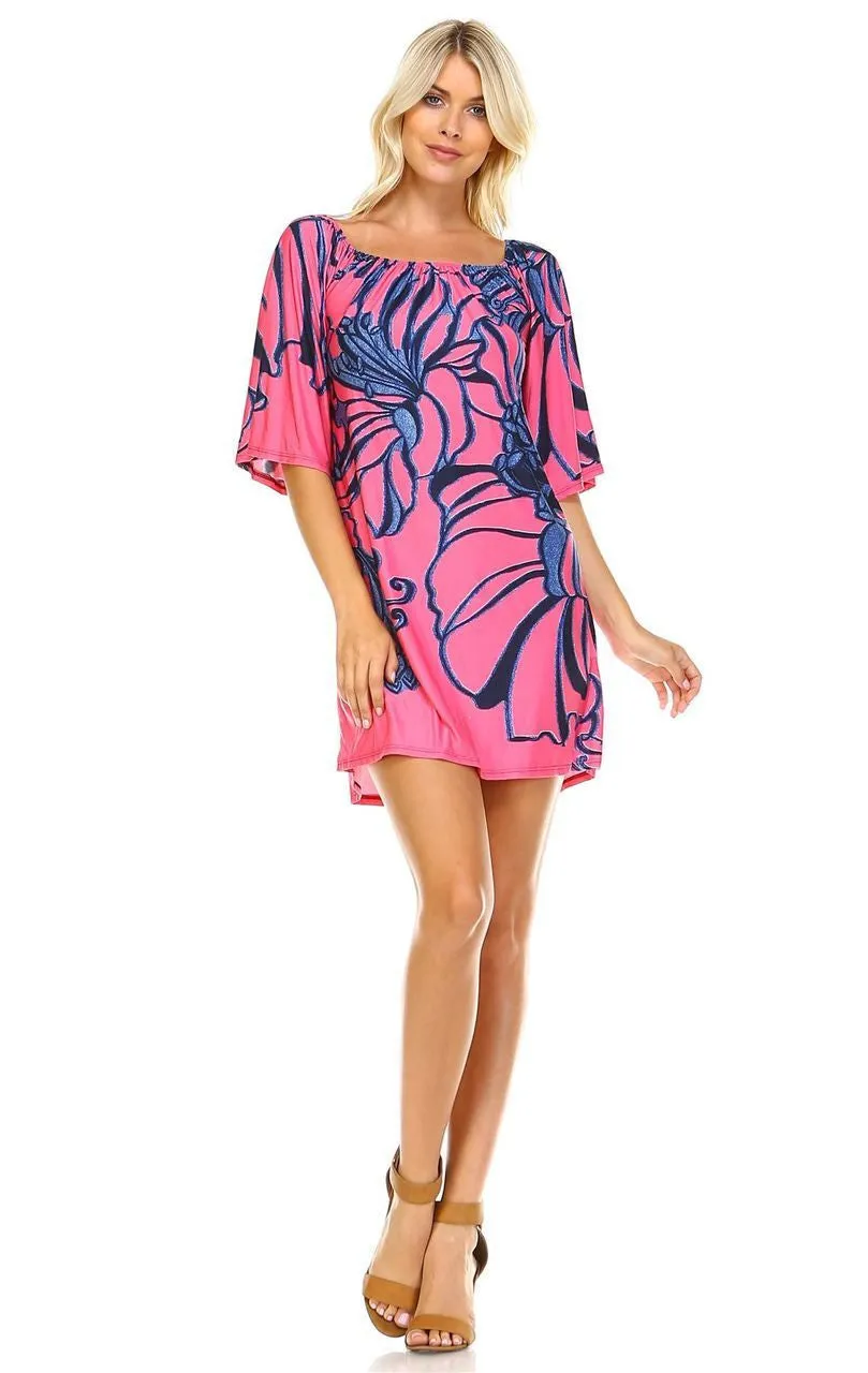 Off Shoulder Tunic Dress Navy Flowers on Coral Pink