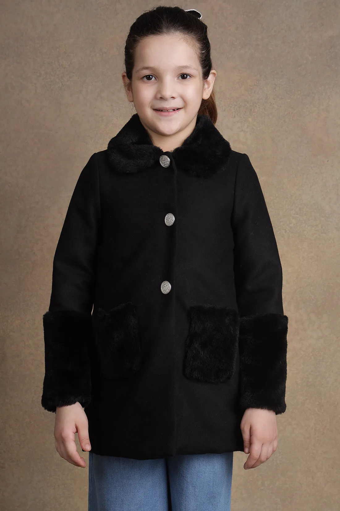 One Friday Kids Girls Black Solid Overcoat