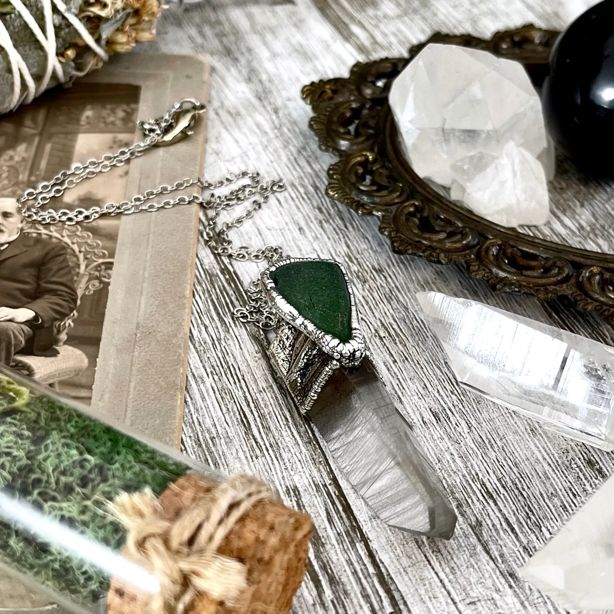 Raw Clear Quartz & Green Sea Glass Crystal Statement Necklace in Fine Silver / Foxlark Collection - One of a Kind